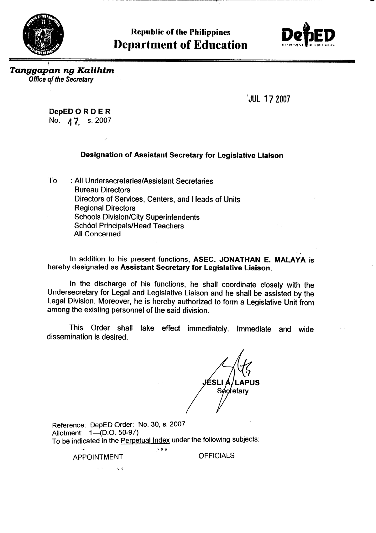 Designation OF Assistant Secretary FOR Legislative Liaison - Education ...