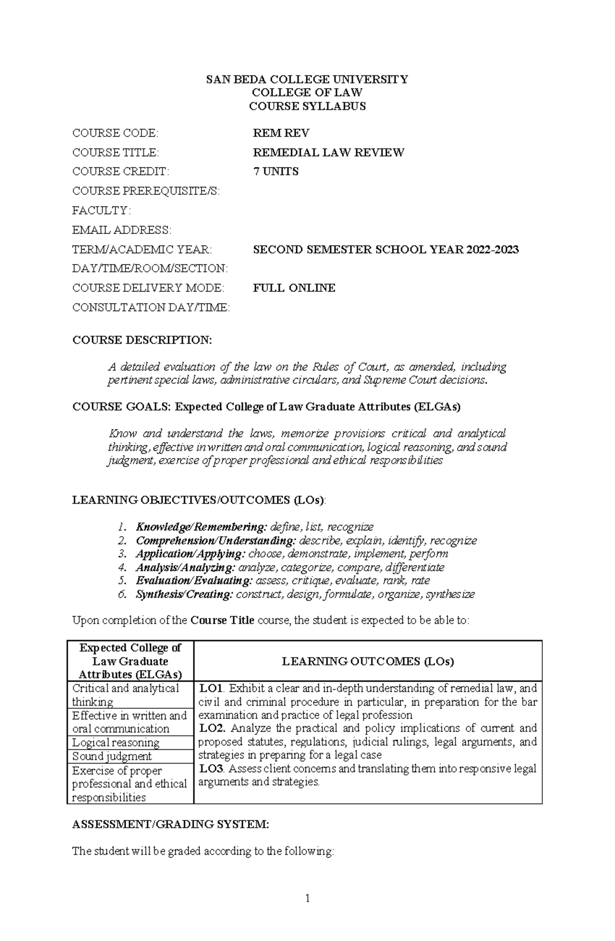 REM REV Syllabus SAN BEDA COLLEGE UNIVERSITY COLLEGE OF LAW COURSE