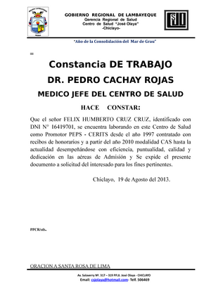 Constancia de trabajo - ....... - Gerencia Regional de Salud Centro de  Salud “José Olaya” -Chiclayo- - Studocu