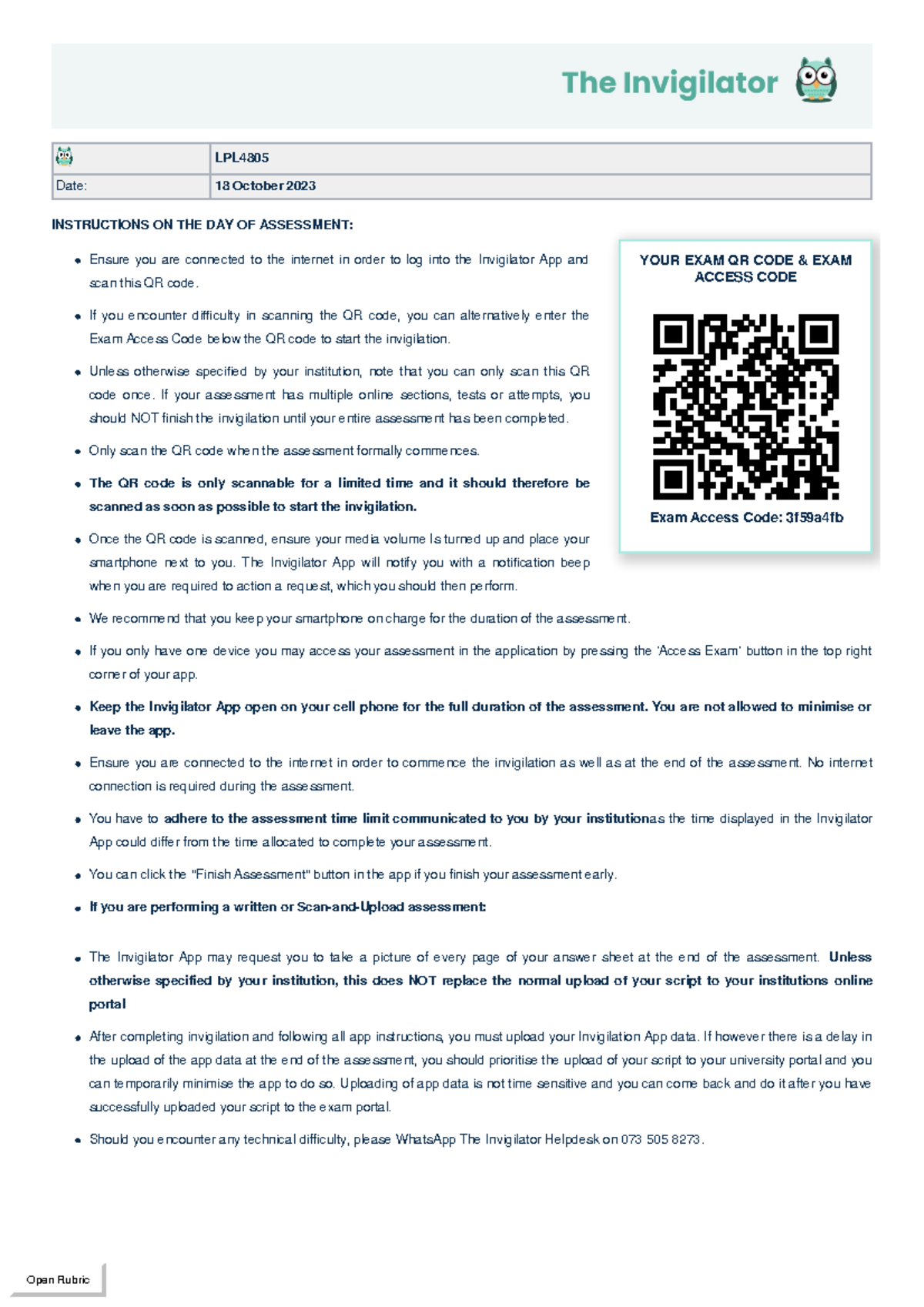 QR Code and Student Instruction document-LPL4805 (004) - YOUR EXAM QR ...