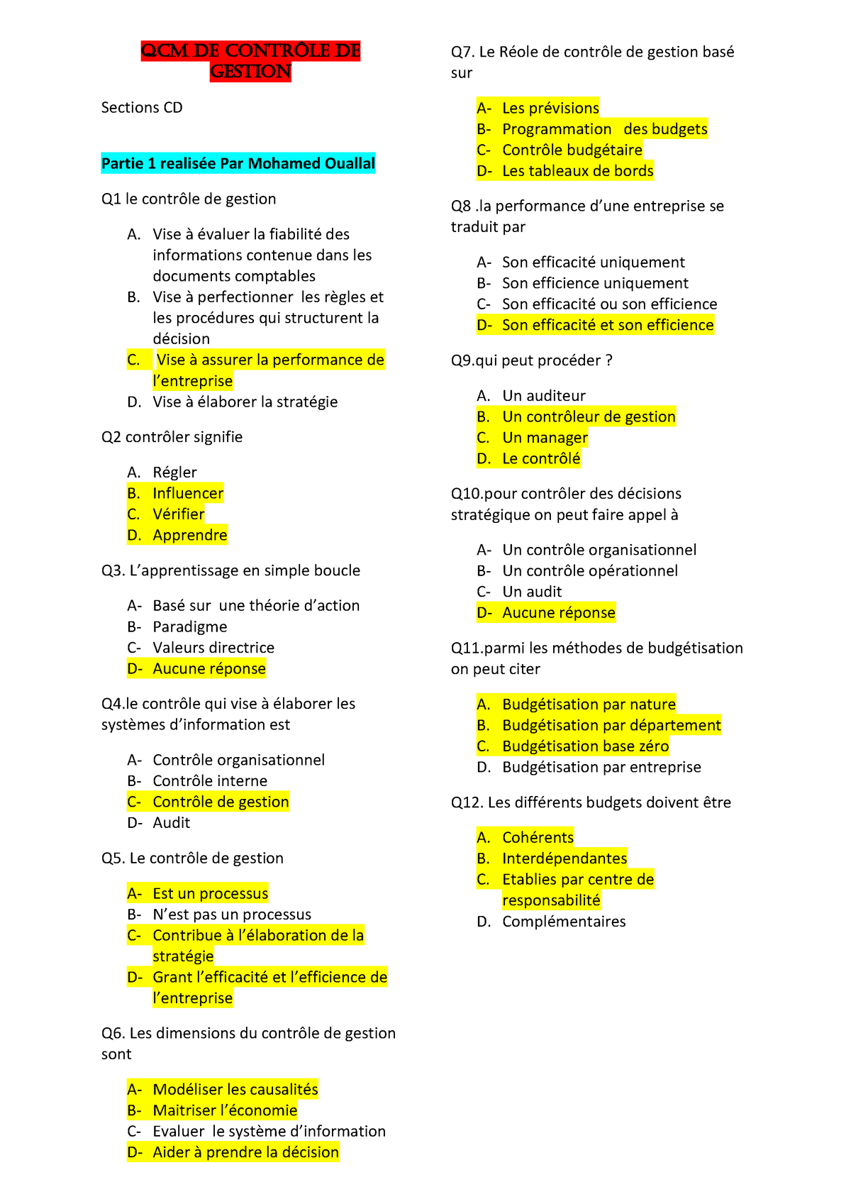 QCM Contrôle De Gestion - Qcm De Contrôle De Gestion Sections CD Partie ...