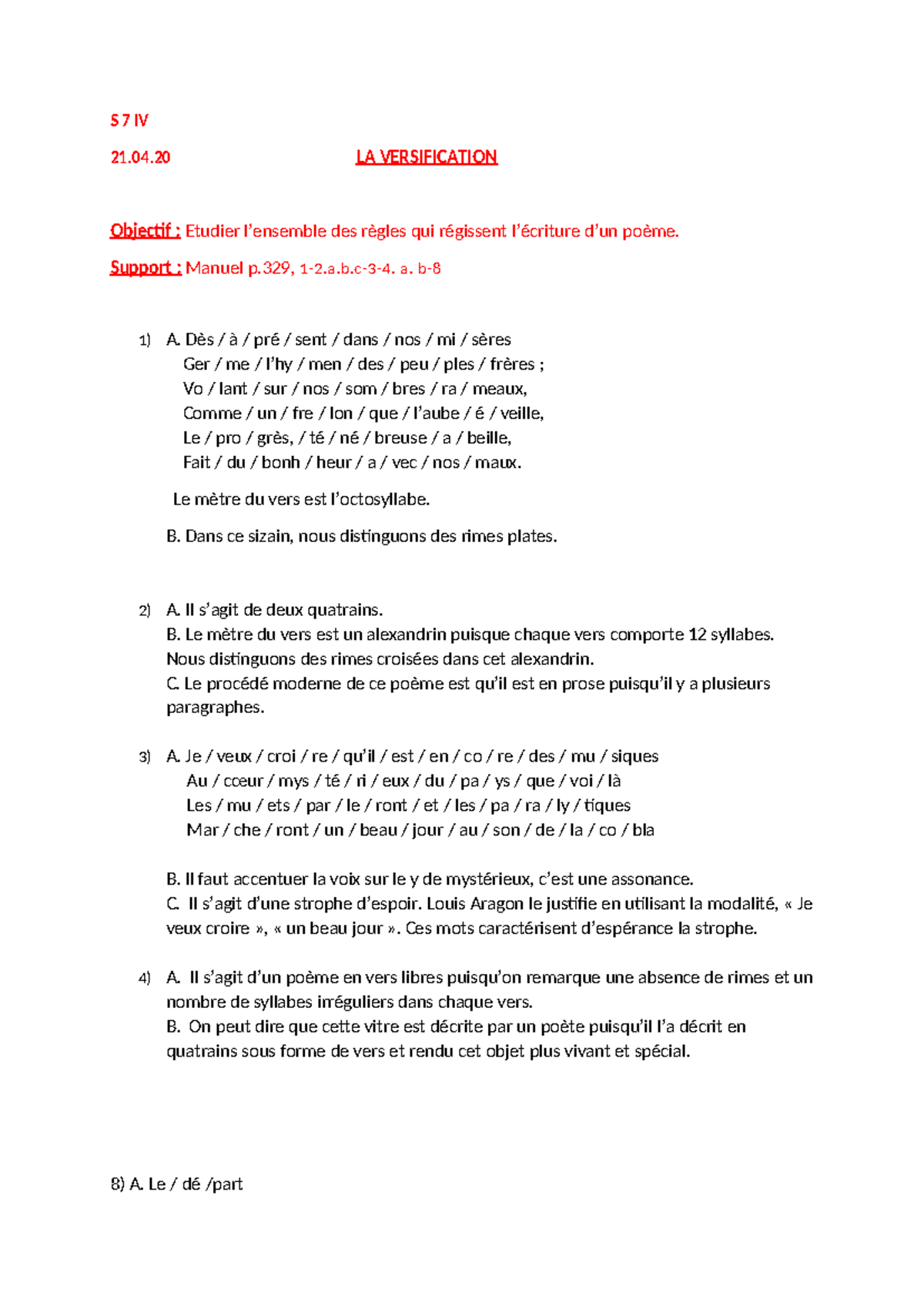 S 7 IV Francais - S 7 IV 21.04 LA VERSIFICATION Objectif : Etudier l ...