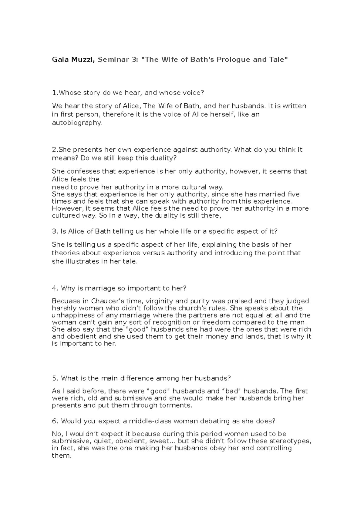 Seminar 3 The Wife of Bath's Prologue and Tale - Gaia Muzzi, Seminar 3 ...