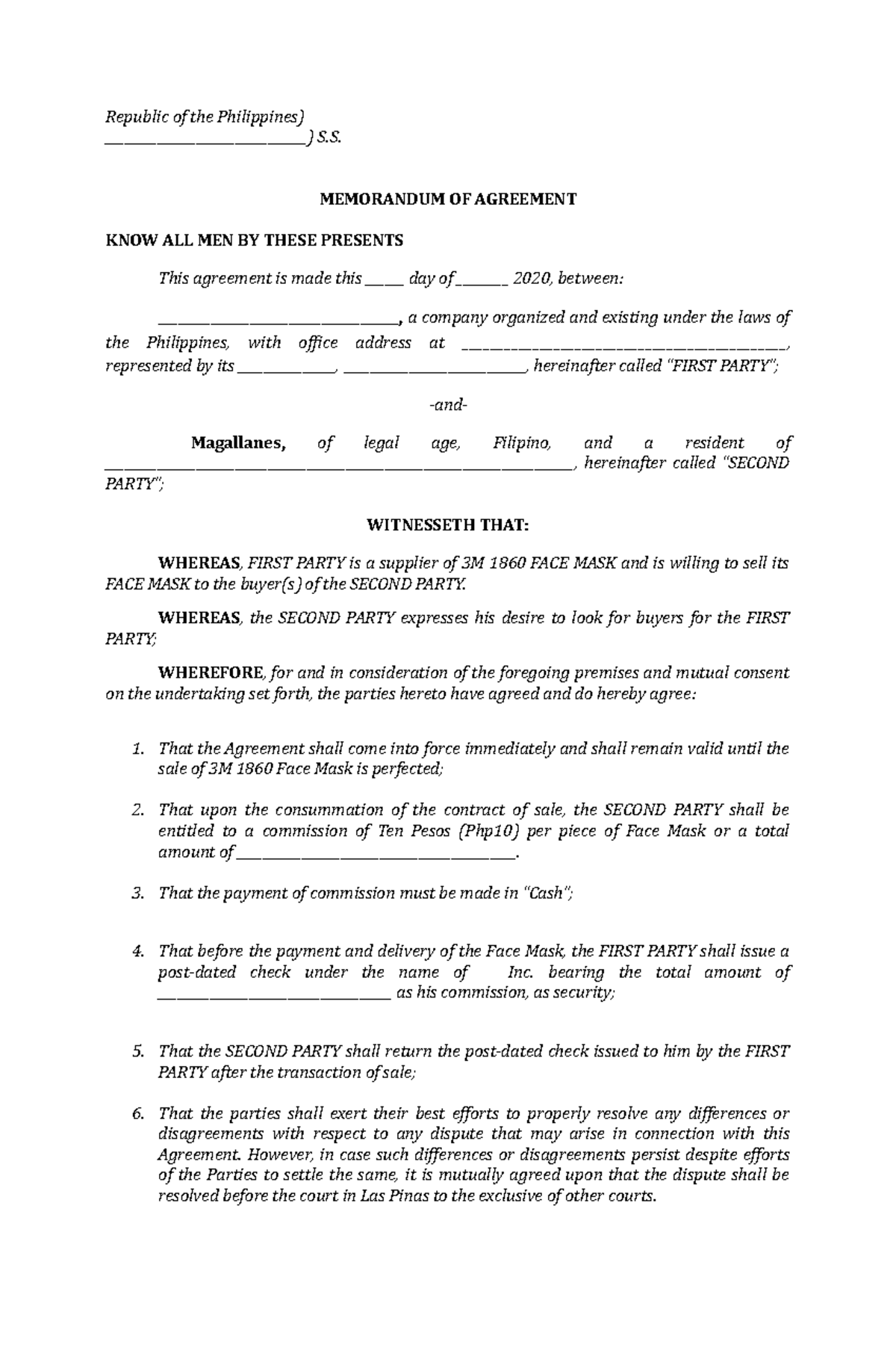 MOA Supplier facemask supplier and buyer of facemask memorandum of ...