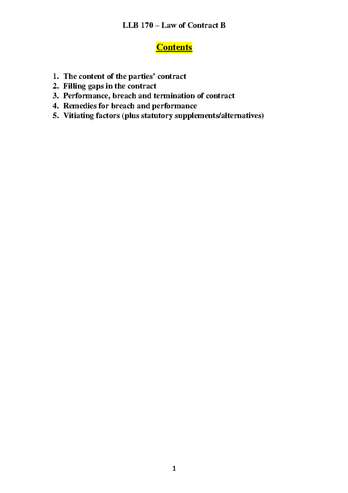 Law Of Contract B Notes - LLB 170 – Law Of Contract B Contents 1. 2. 3 ...