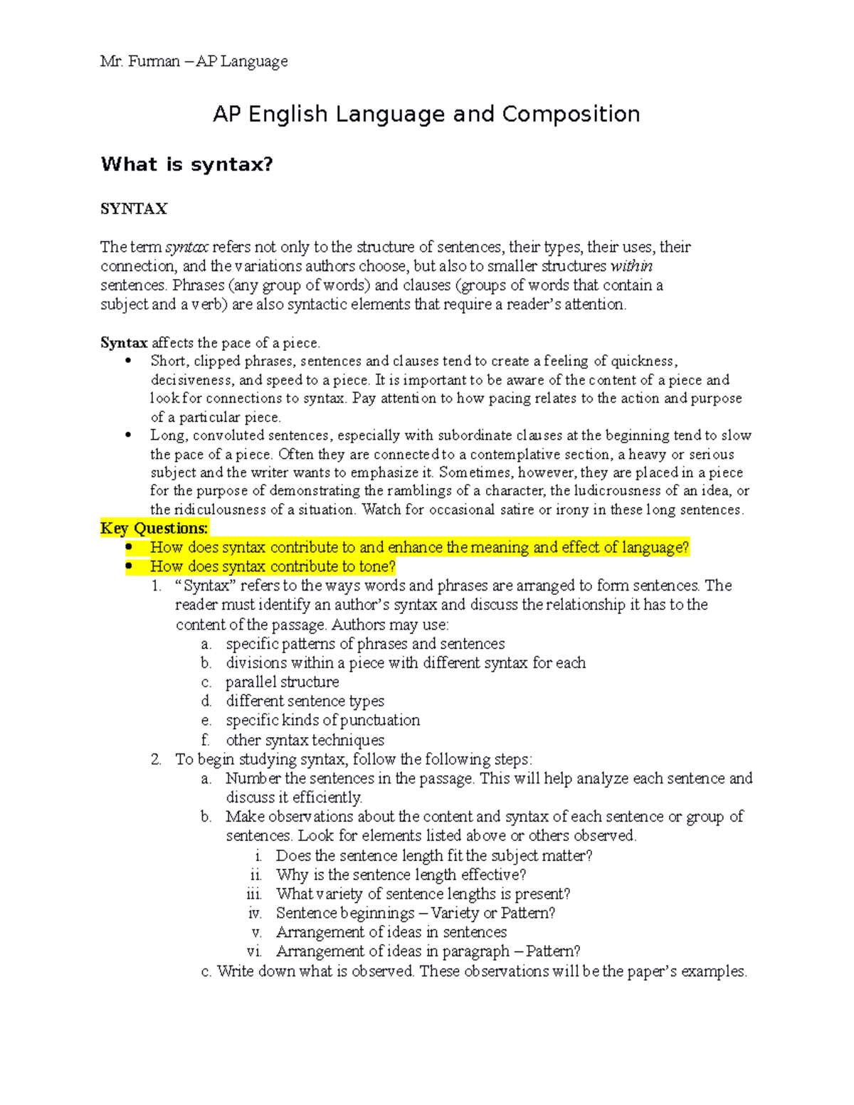 Syntax Notes 1 - AP English Language and Composition What is syntax ...