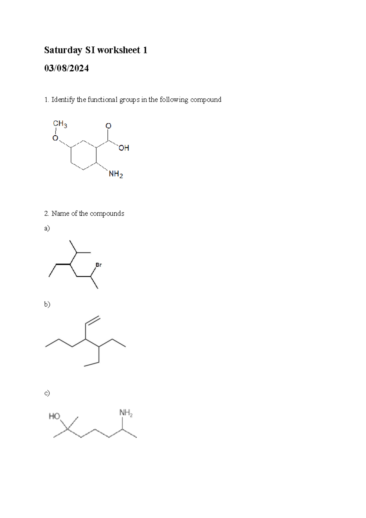 Saturday worksheet 1 - Activities on organic chemistry - CHEM120 ...