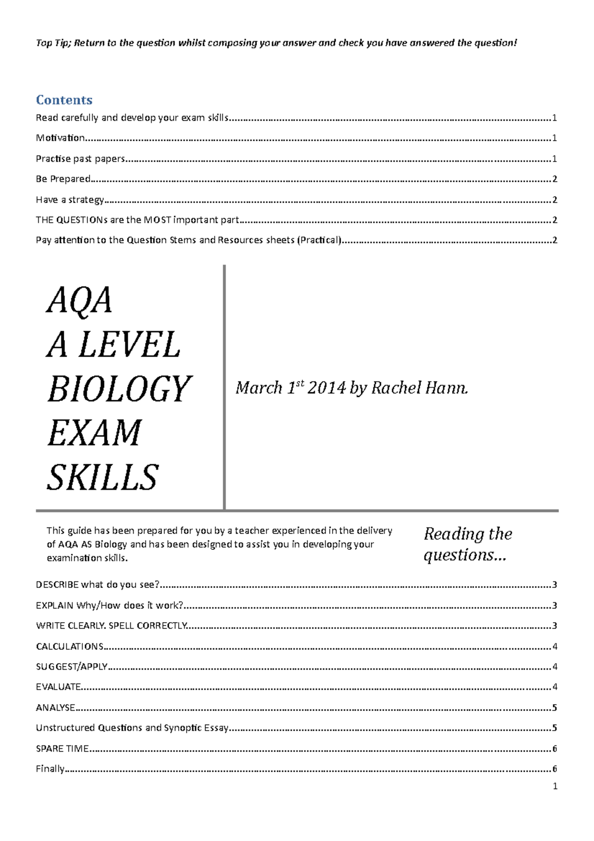 A Level Biology Exam Skills - Contents Read carefully and develop your ...