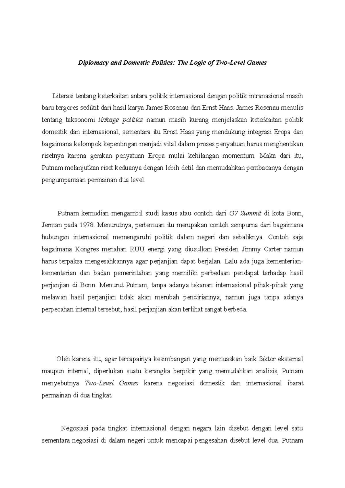 Review Diplomasi Putnam Diplomacy and Domestic Politics The Logic