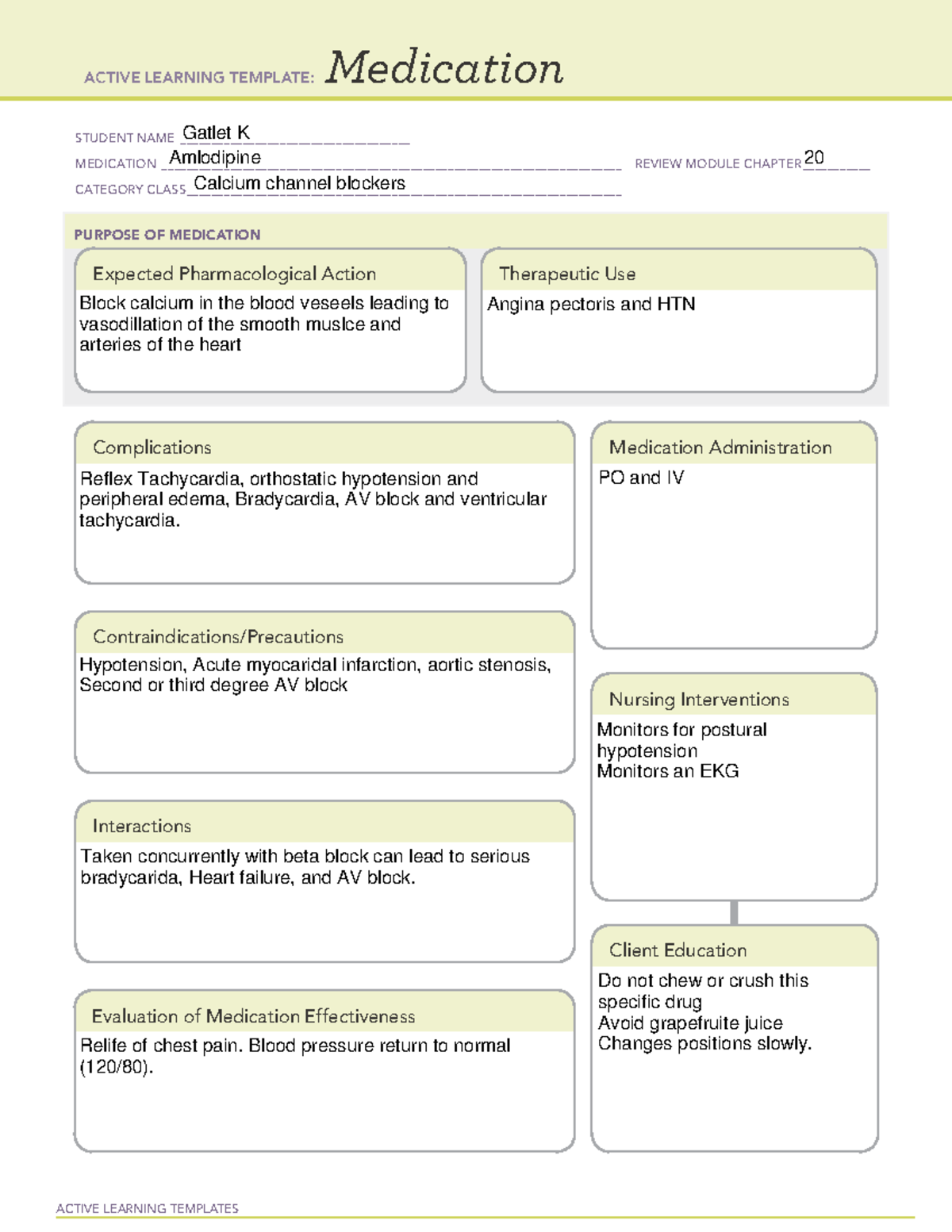 Amlodipine 3 - Pharma - ACTIVE LEARNING TEMPLATES Medication STUDENT ...