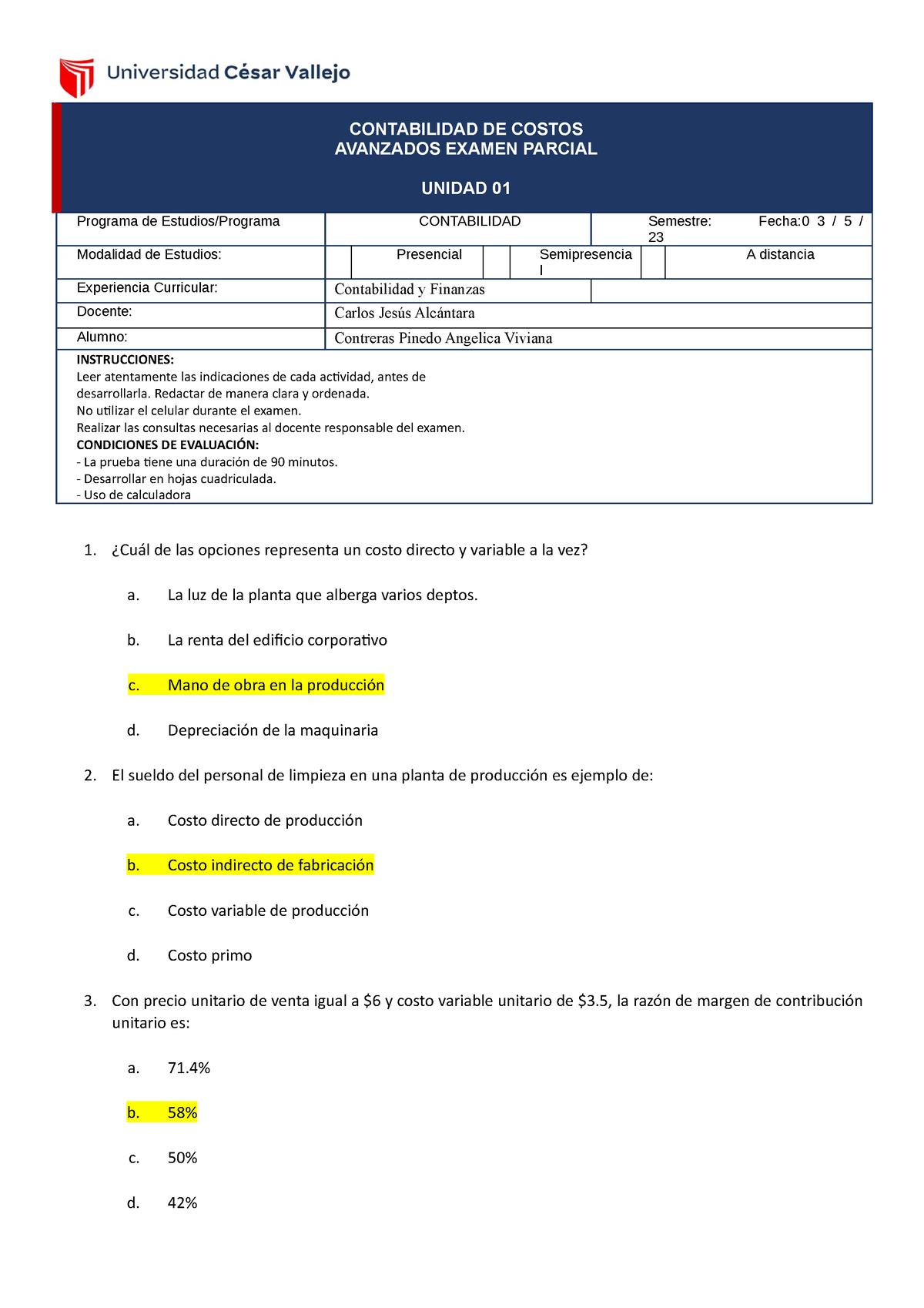 U01 - Examen Parcial - Costos Avanzados - AVANZADOS EXAMEN ...