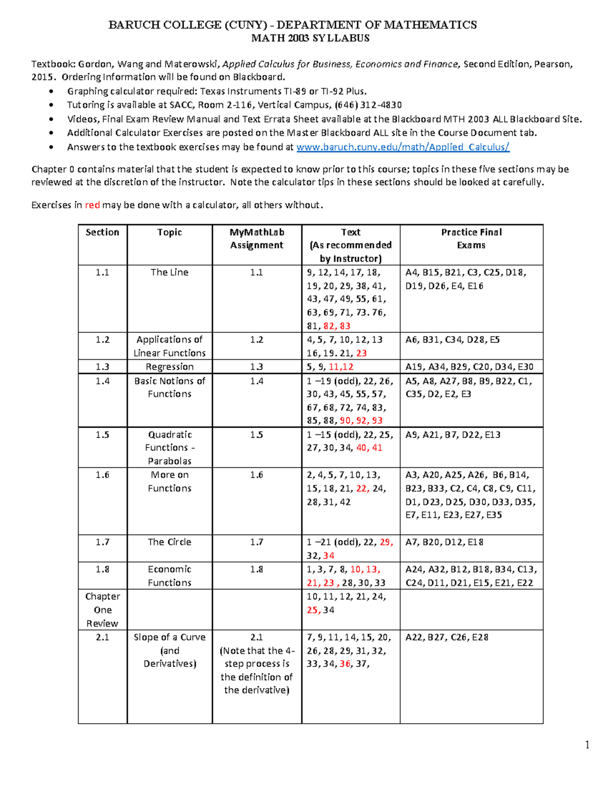 2003 Materials 1 BARUCH COLLEGE (CUNY) DEPARTMENT OF MATHEMATICS