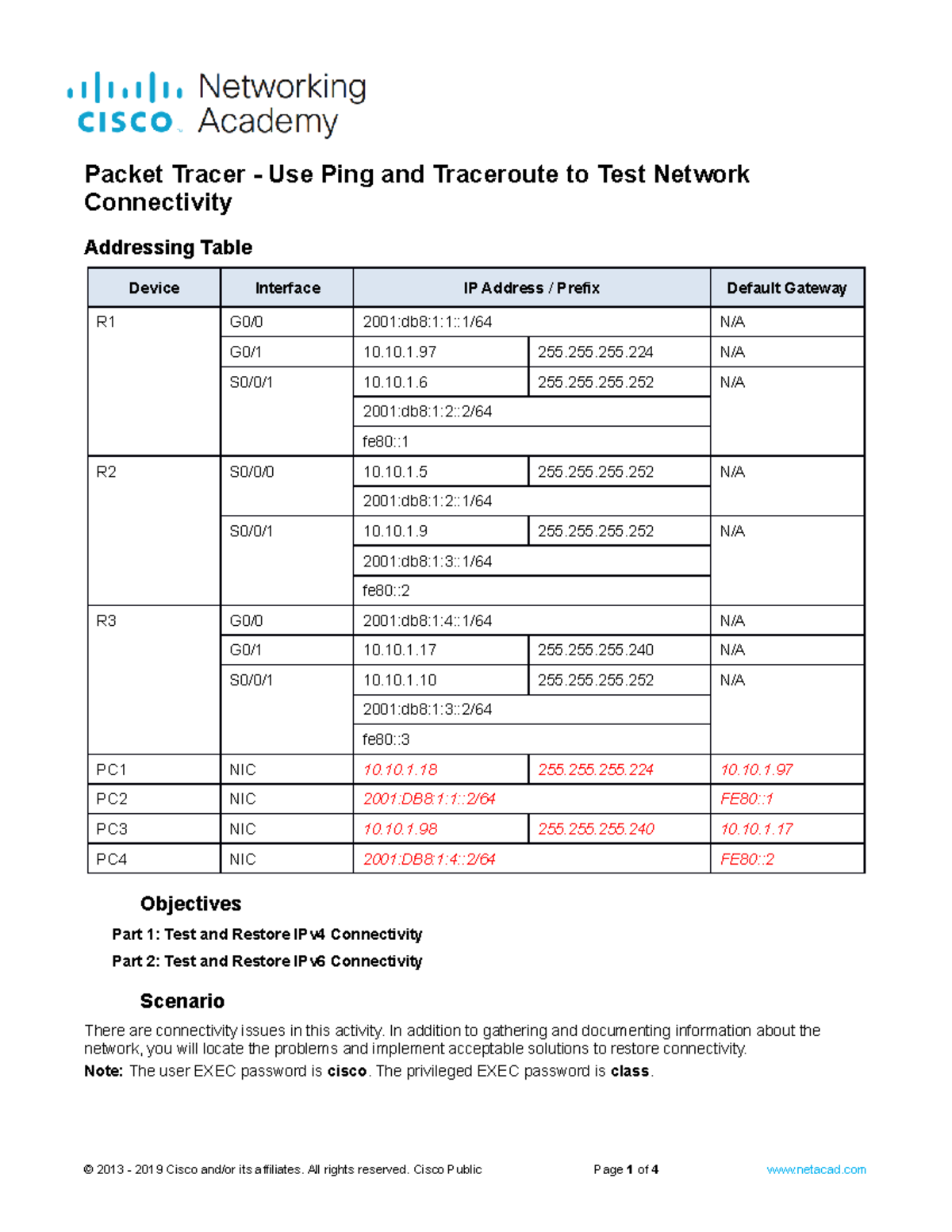 Completed 13.2.7 Packet Tracer - Use Ping and Traceroute to Test ...