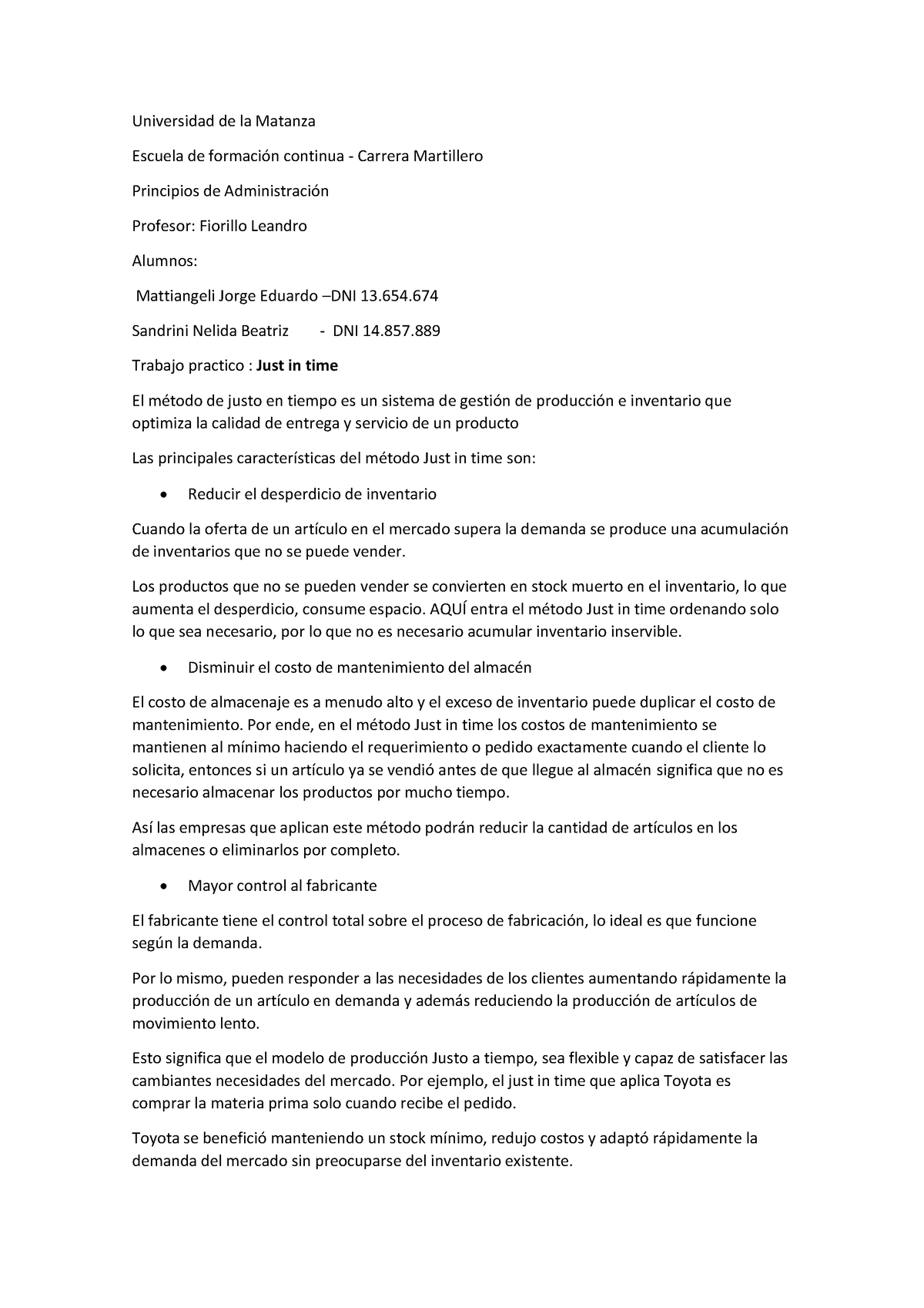 Universidad de la Matanza.docx TP Just in Time - Universidad de la ...