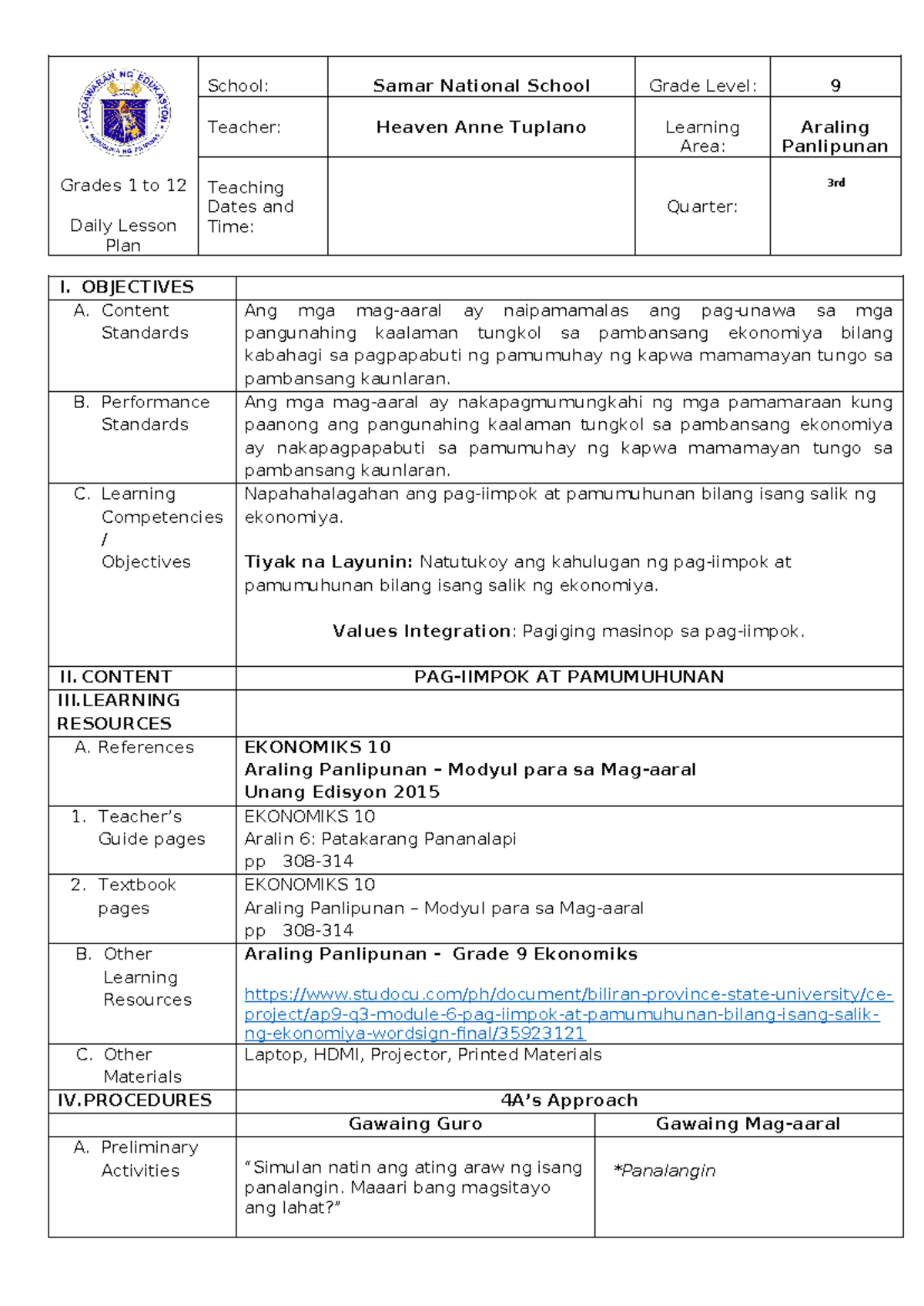 Pag iimpok at Pamumuhunan Rev2 1 - Grades 1 to 12 Daily Lesson Plan ...