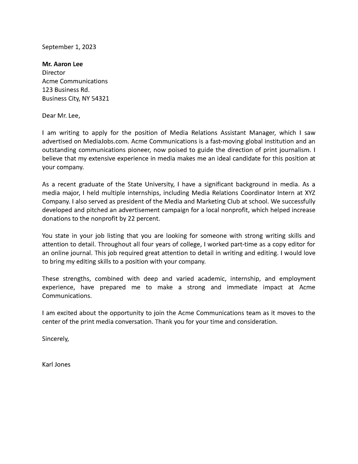 Cover Letter Template 5 - September 1, 2023 Mr. Aaron Lee Director Acme ...