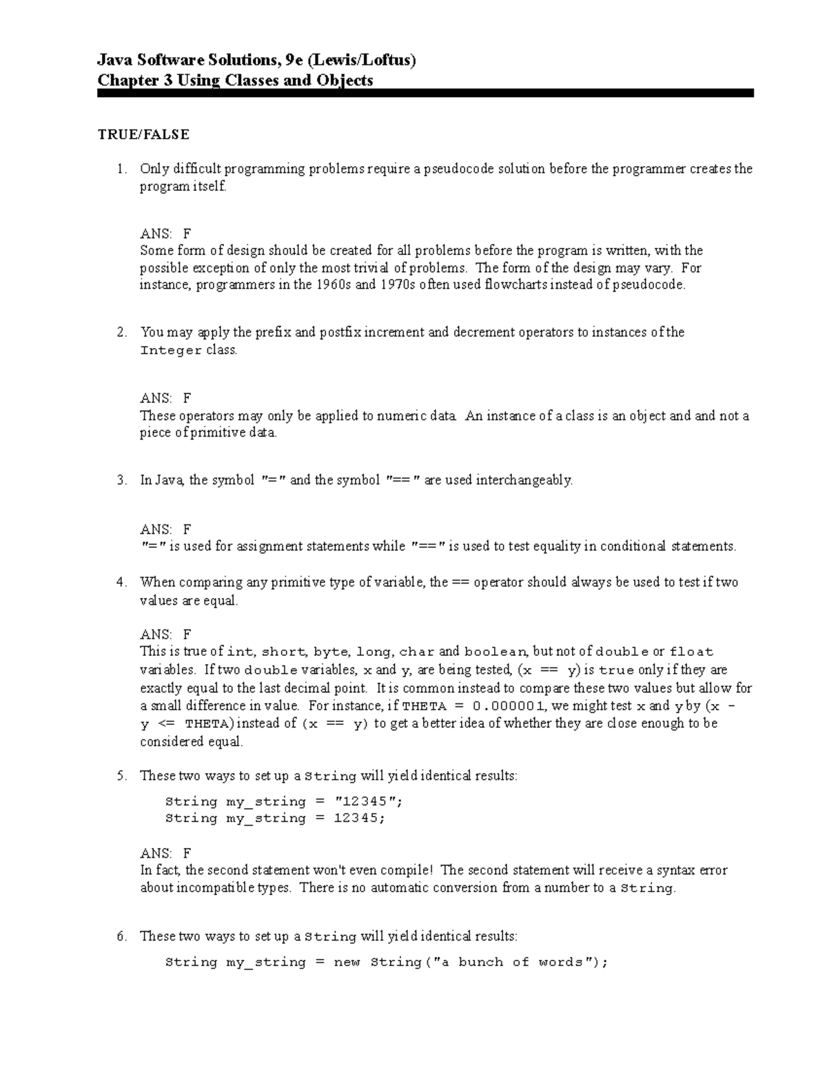 COMP 1510 Chapter 3 Questions - Java Software Solutions, 9e (Lewis ...
