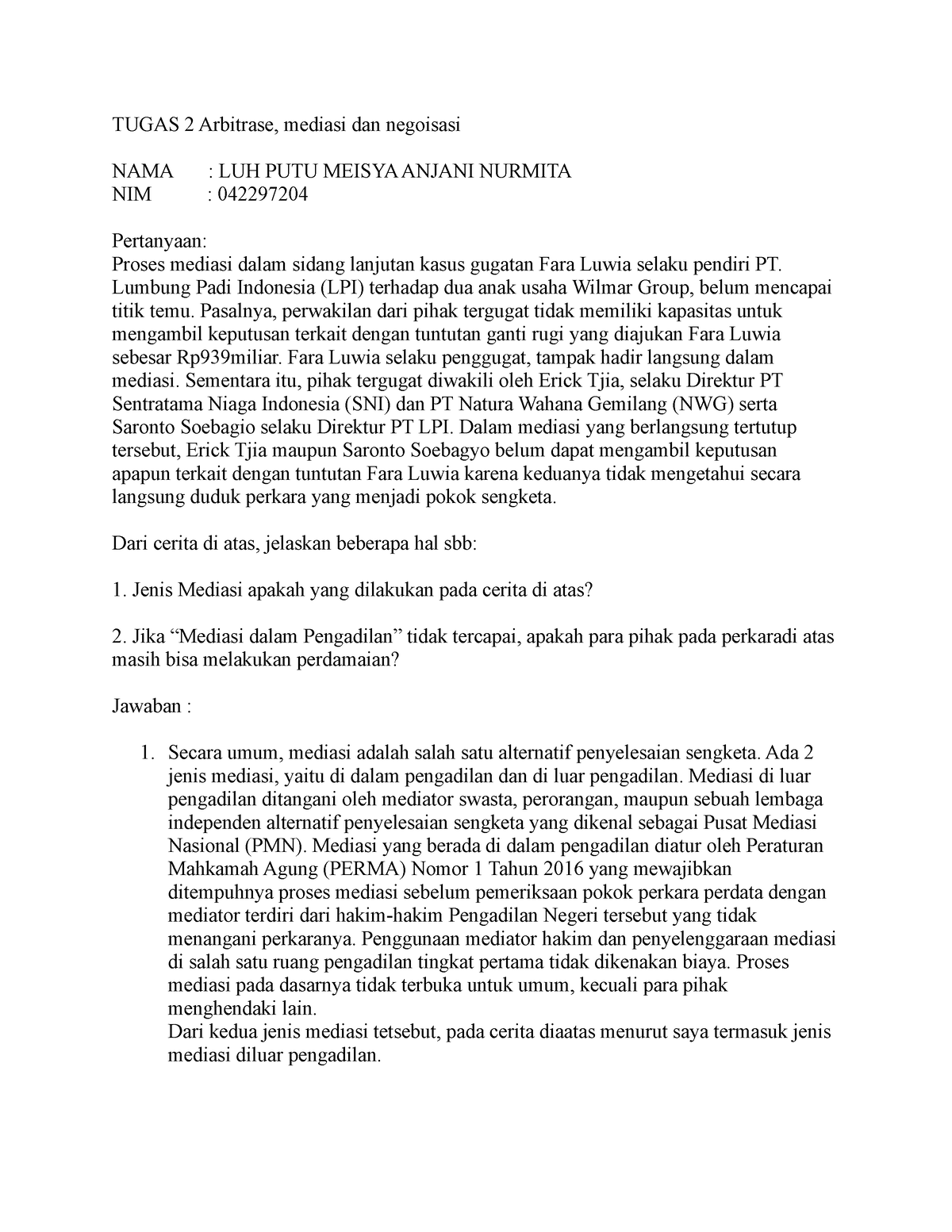 Tugas 2 Arbitrase, Mediasi Dan Negoisasu - TUGAS 2 Arbitrase, Mediasi ...