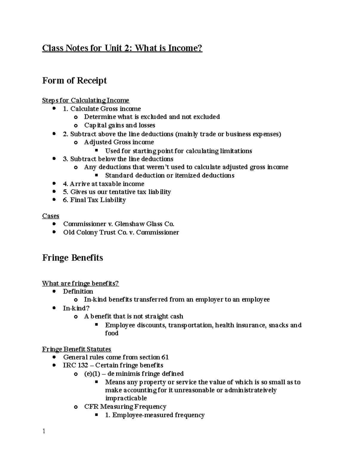 Tax Final Class Notes - Class Notes for Unit 2: What is Income? Form of ...