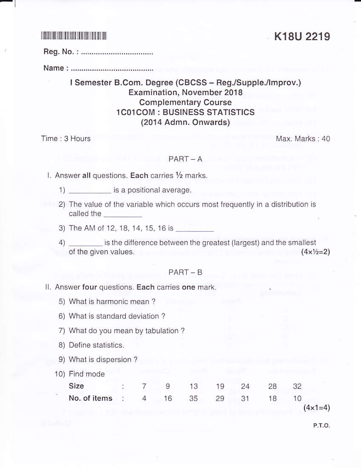 KU B.Com[Co-op] 1 SEM Business statistics 2018 - fl l ll flmr K18U 2219 ...