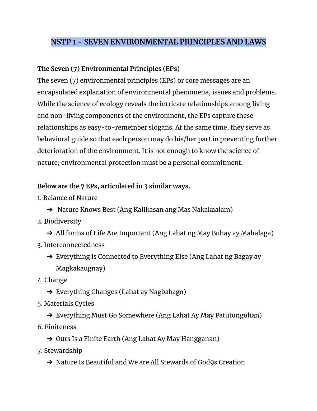 Seven Environmental Principles AND LAWS - NSTP 1 - SEVEN ENVIRONMENTAL ...