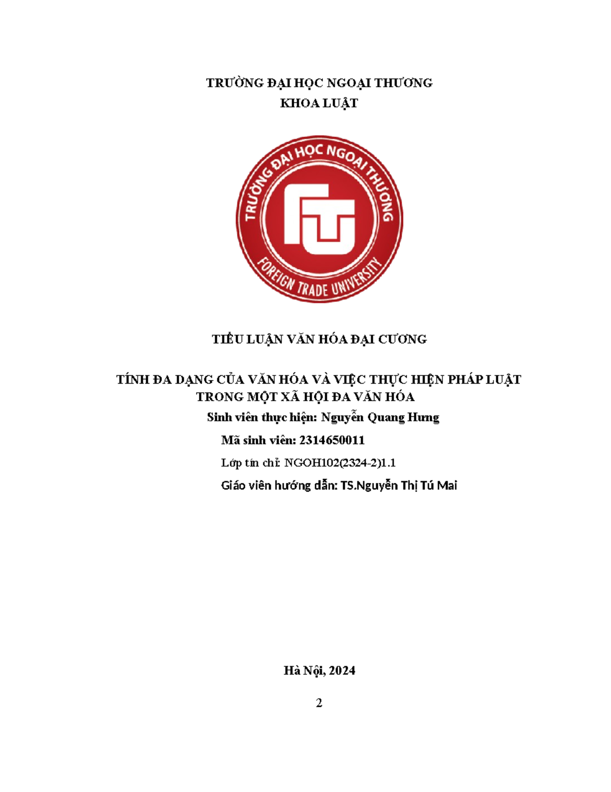 VHDC Nguyễn Quang Hưng - tiểu luận - TRƯỜNG ĐẠI HỌC NGOẠI THƯƠNG KHOA ...