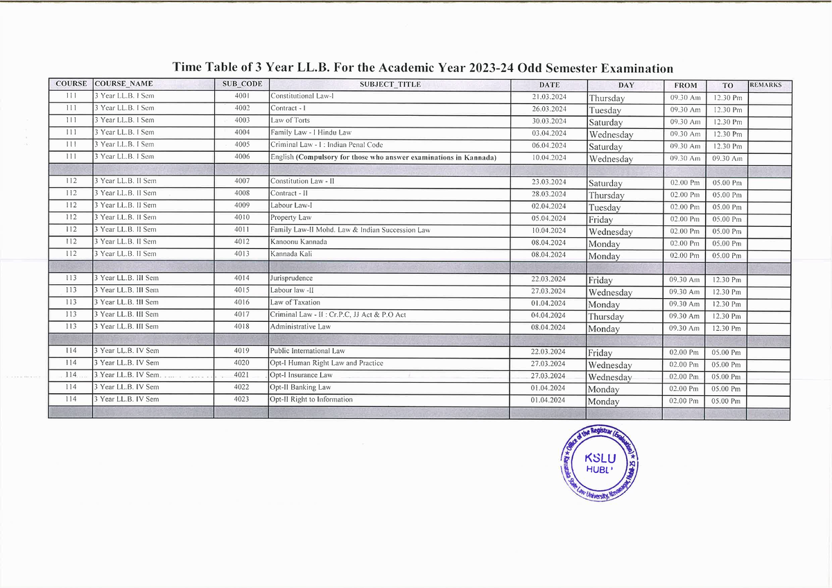 Time Table of Odd Semester - Time Table of 3 Year LL. For the Academic ...