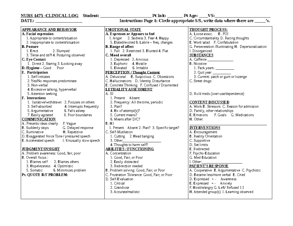 NURS 1475 Clinical Log Form - NURS 1475 -CLINICAL LOG Student ...