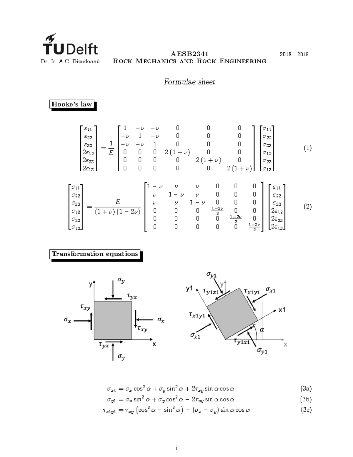 Formula Sheet Rock Mechanics AESB2341 2018 2019 Dr. Ir. A