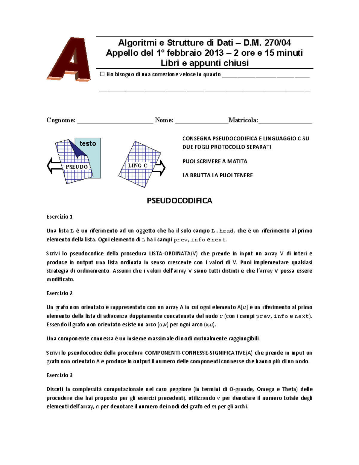 Prova d'esame A - Algoritmi e strutture di dati - 1 febbraio 2013 ...