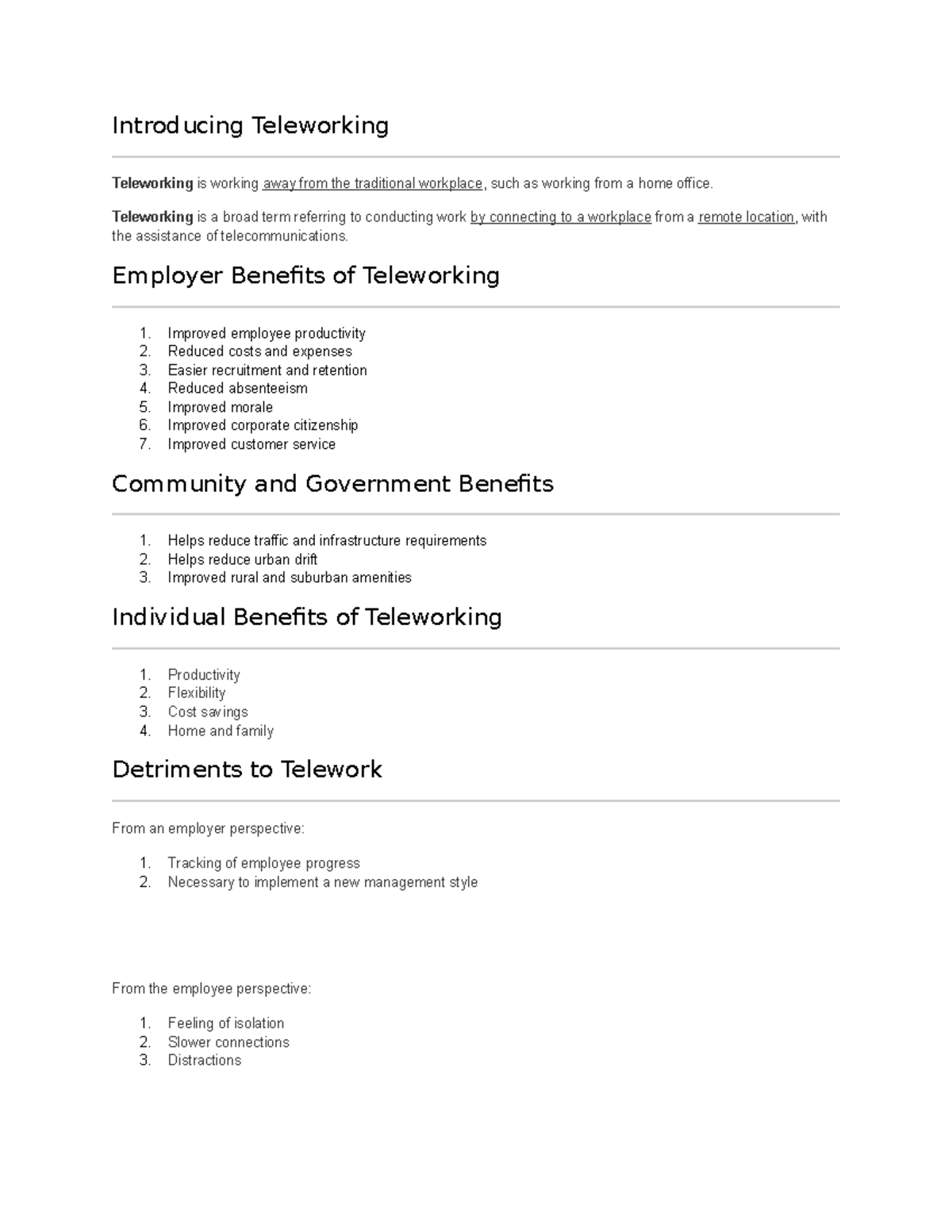 Teleworking - Introducing Teleworking Teleworking is working away from ...