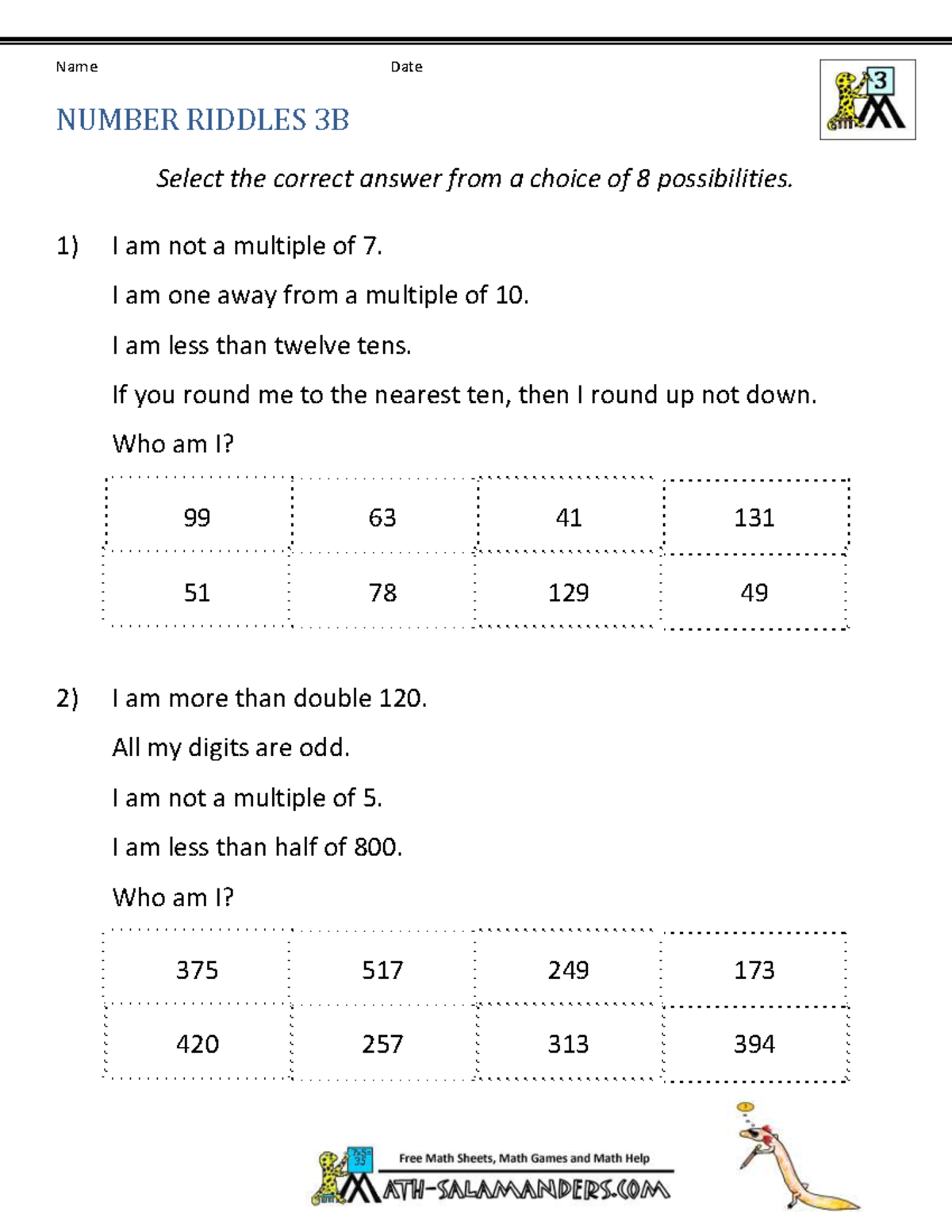 Number-riddles-3b - Work - Name Date NUMBER RIDDLES 3B Select the ...