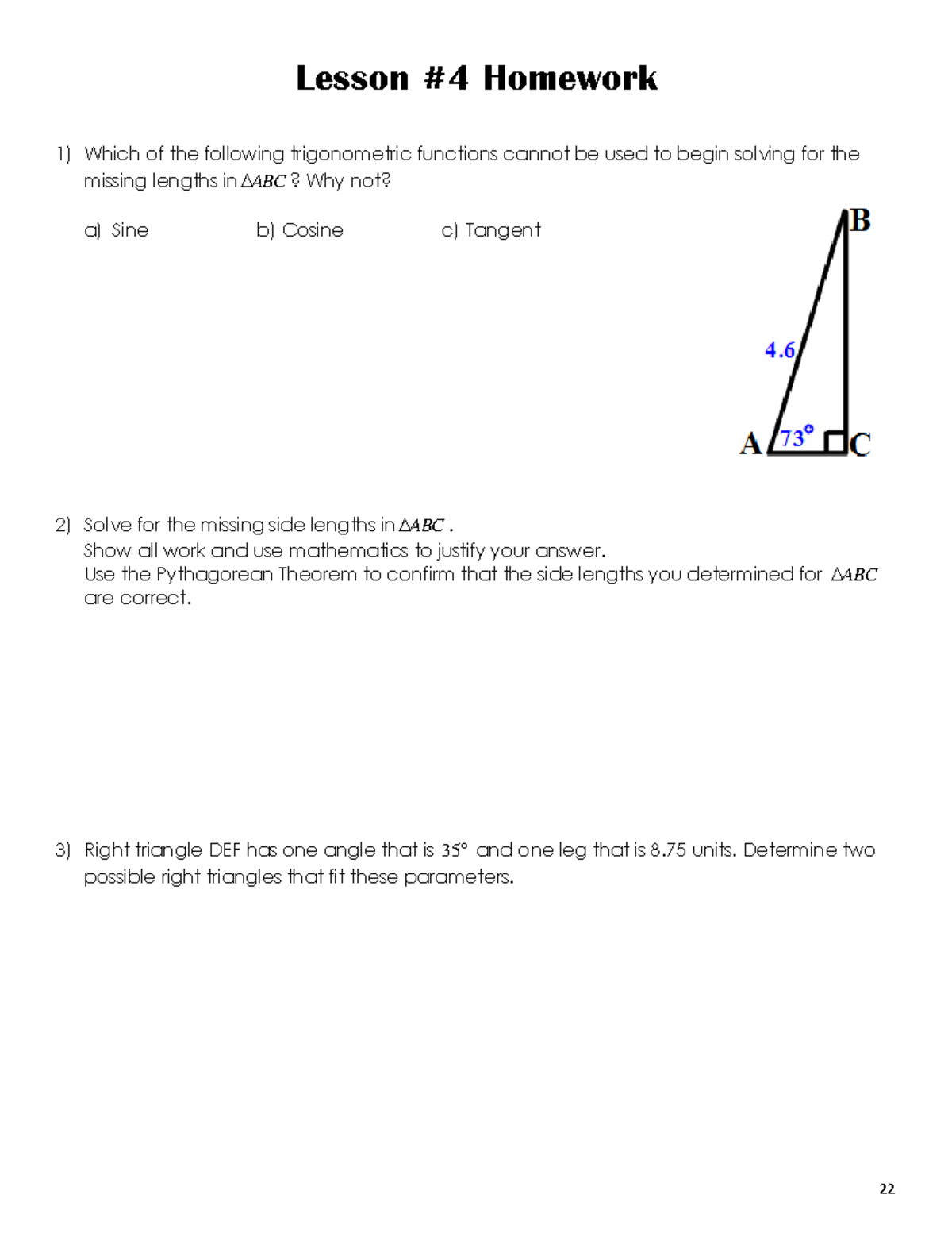 U2T2 - HW #4 Solving Triangles Using Trig (pg. 22-23)-1 - 22 Lesson #4 ...