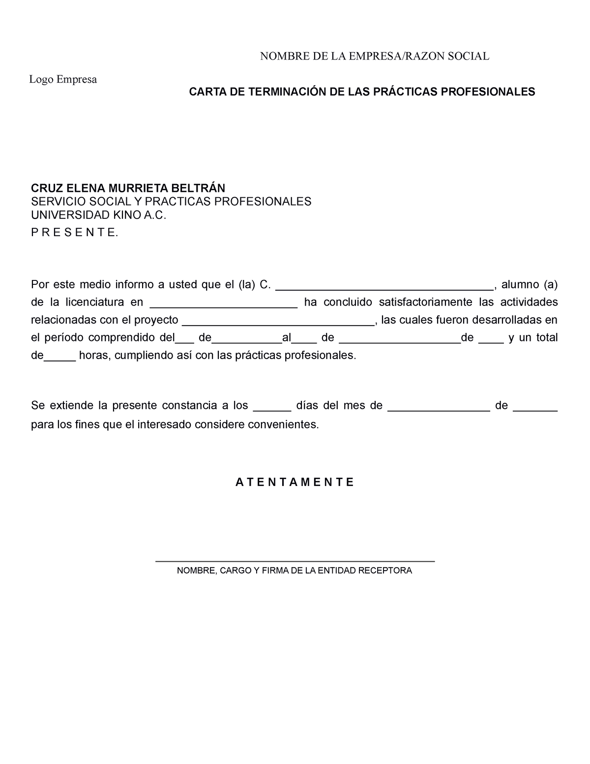 Carta De Terminación De Las Prácticas Profesionales Nombre De La 5896