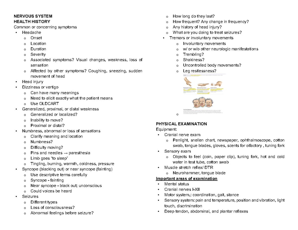 Nervous System - HEALTH HISTORY Common or concerning symptoms - NERVOUS ...