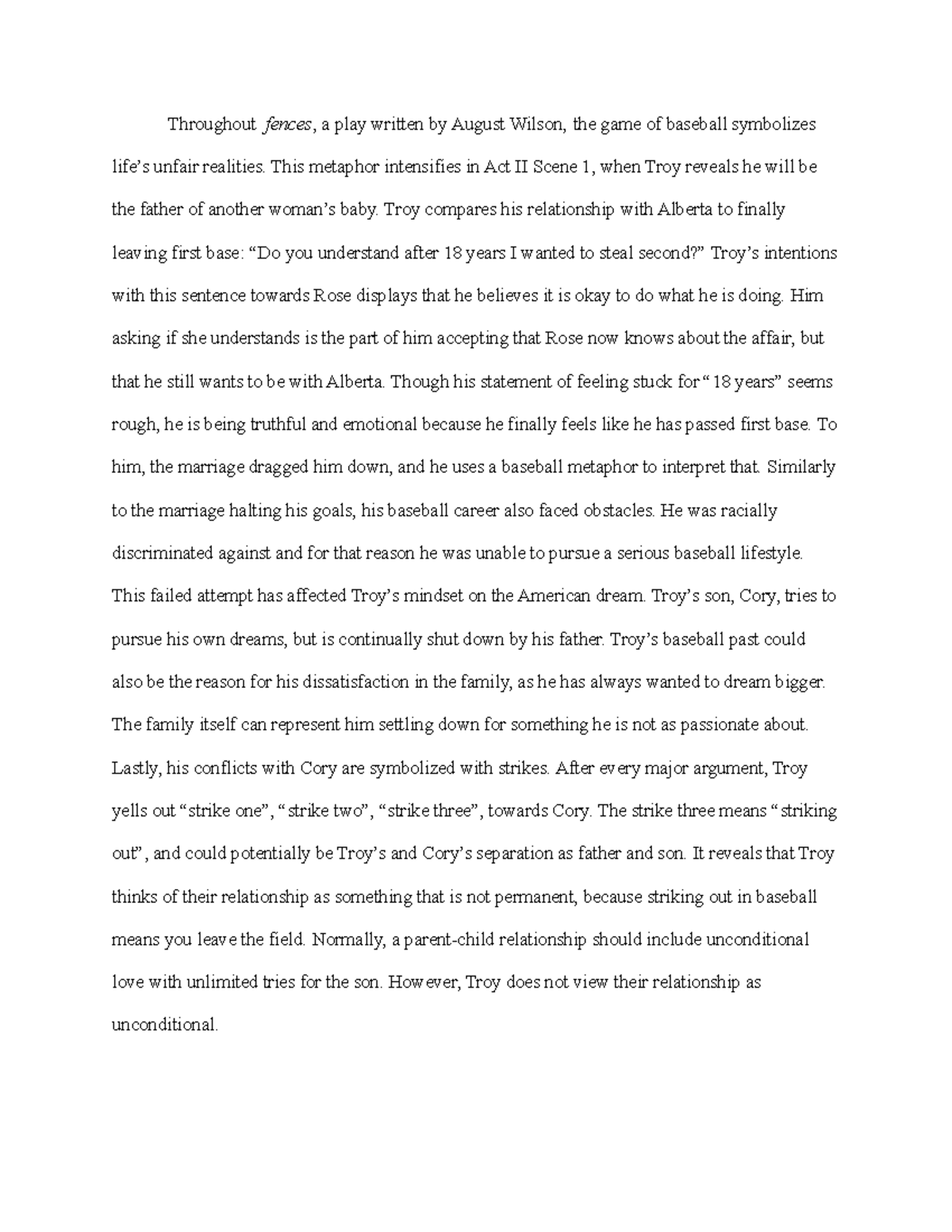 Fences Act 1 Scene 2 Questions And Answers Fences Act II Scene I Paragraph - Throughout fences , a play written by August  Wilson, the game of - Studocu