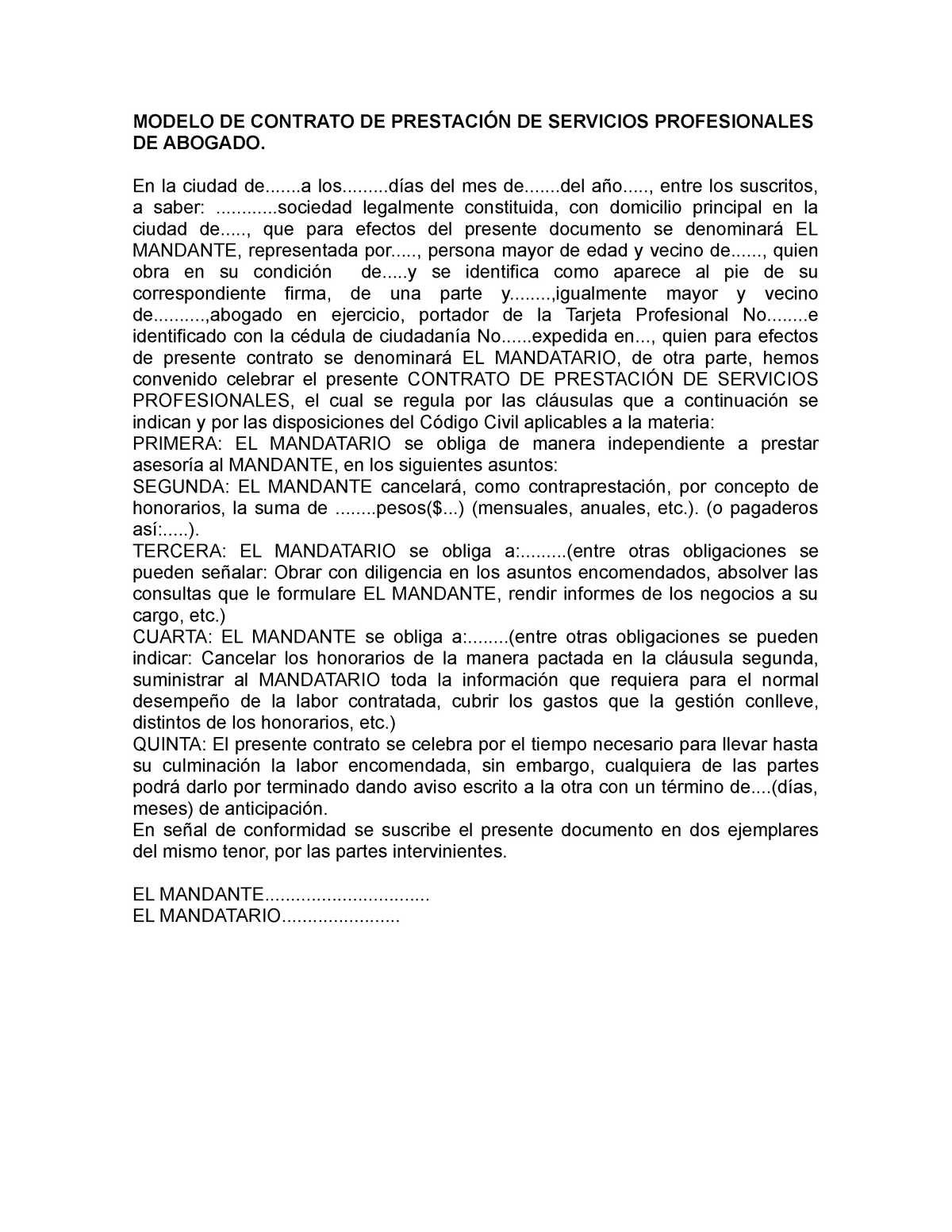 Modelo DE Contrato DE Prestación DE Servicios Profesionales DE Abogado -  MODELO DE CONTRATO DE - Studocu