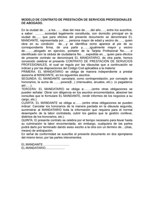 Modelo DE Contrato DE Prestación DE Servicios Profesionales DE Abogado -  MODELO DE CONTRATO DE - Studocu