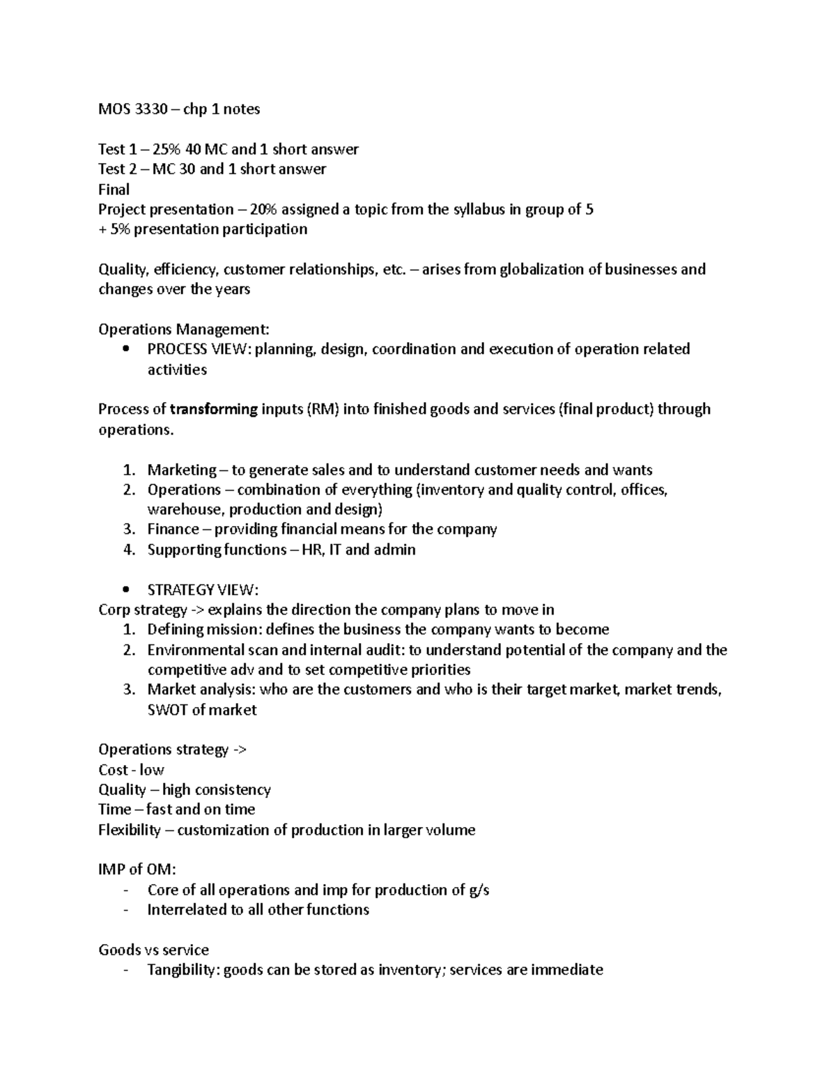 MOS 3330 - notes - MOS 3330 – chp 1 notes Test 1 – 25% 40 MC and 1 ...