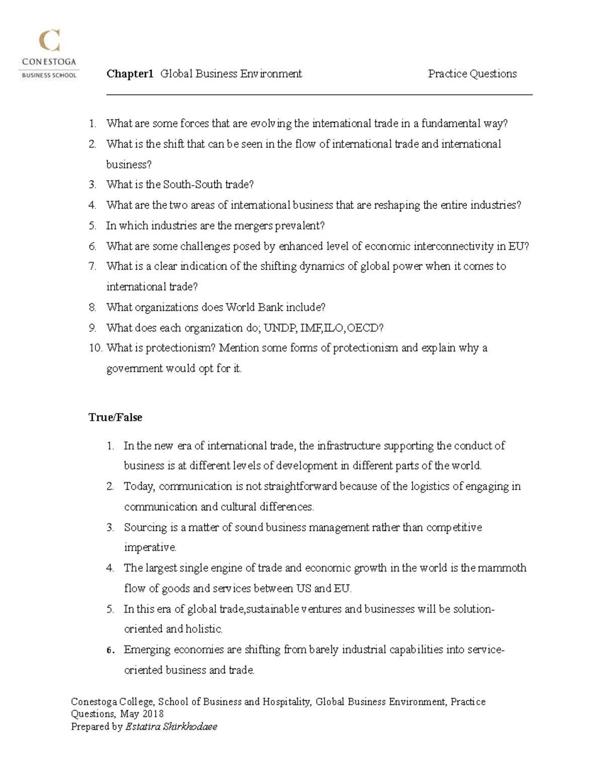 1 2018, questions Chapter1 Global Business Environment Practice