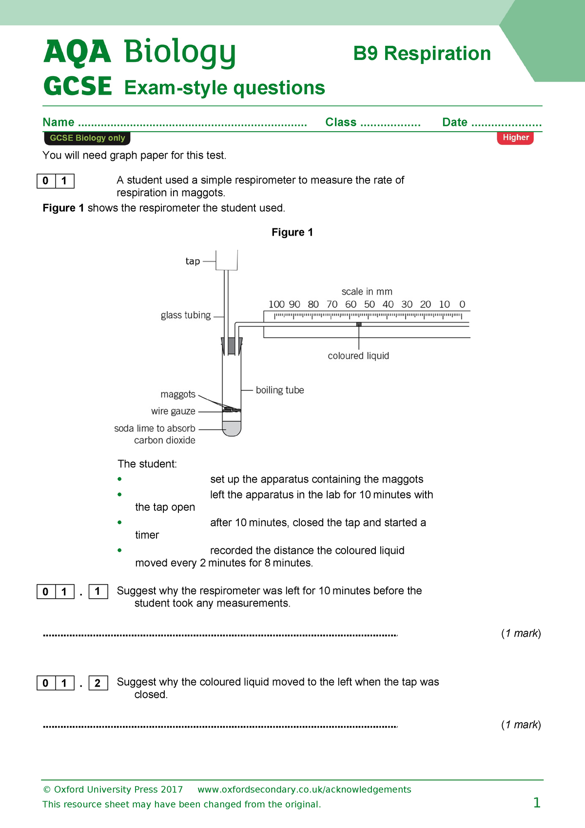 Oxo AQA16 B9ss xq02 xxaann - Exam-style questions Name - Studocu