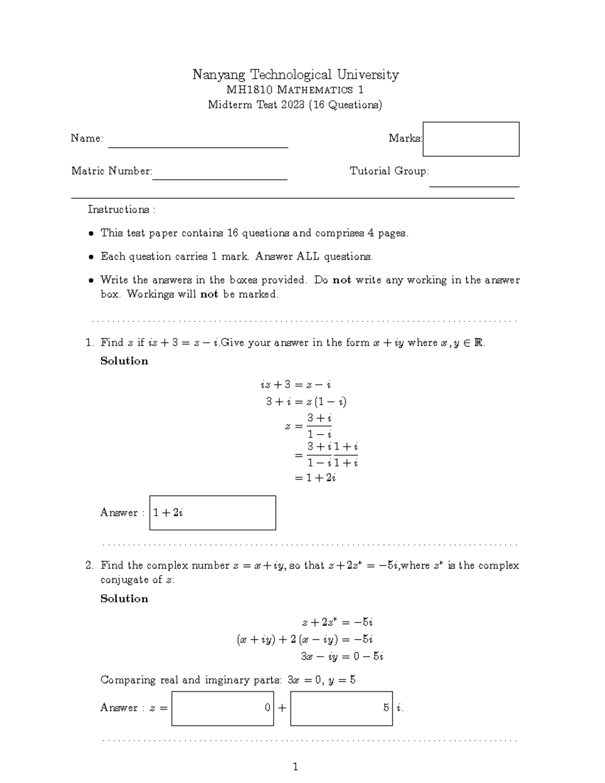 MH1810 2023 Midterm Solutions - Nanyang Technological University MH1810 ...