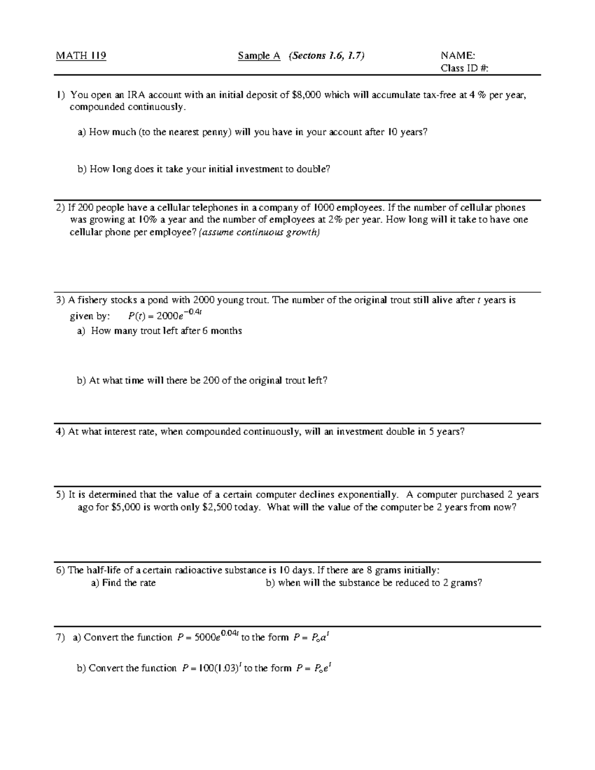 Section 1.6 Test - MATH 119 Sample A (Sectons 1, 1) NAME: Class ID ...