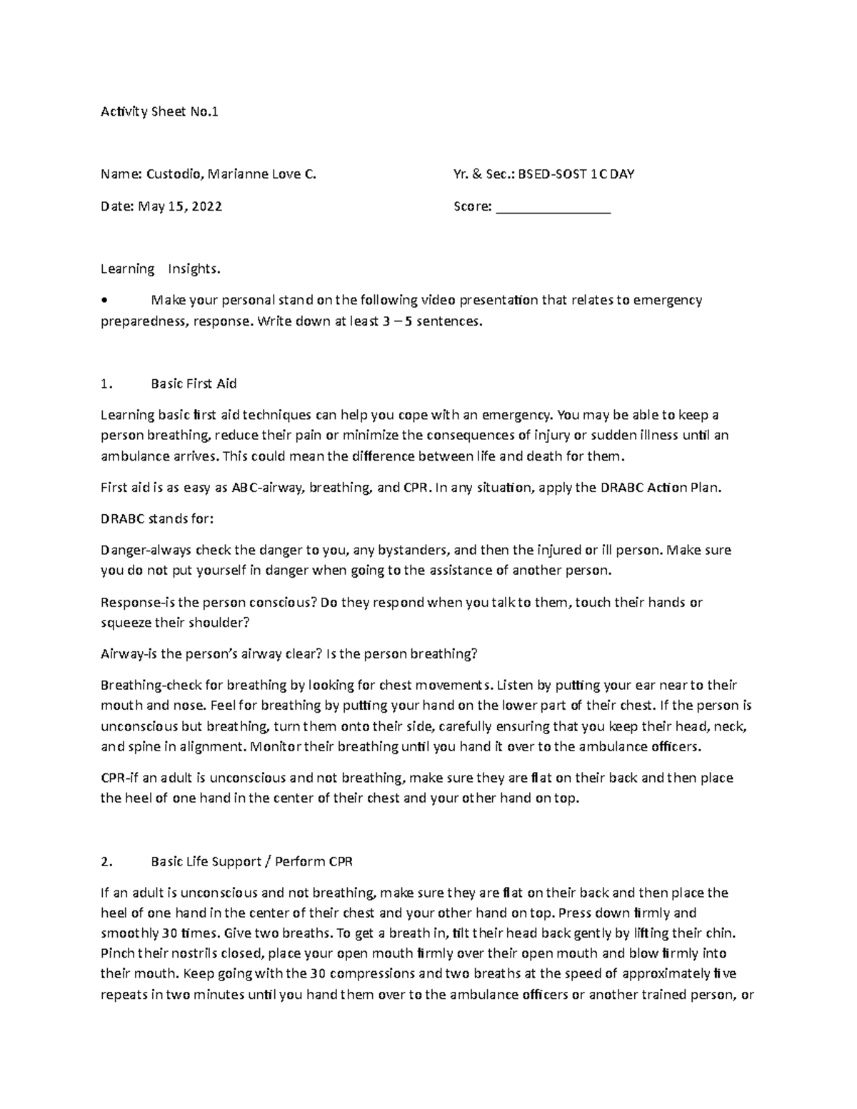 Activity Sheet No Recognition and Bomb Threat management - Activity ...
