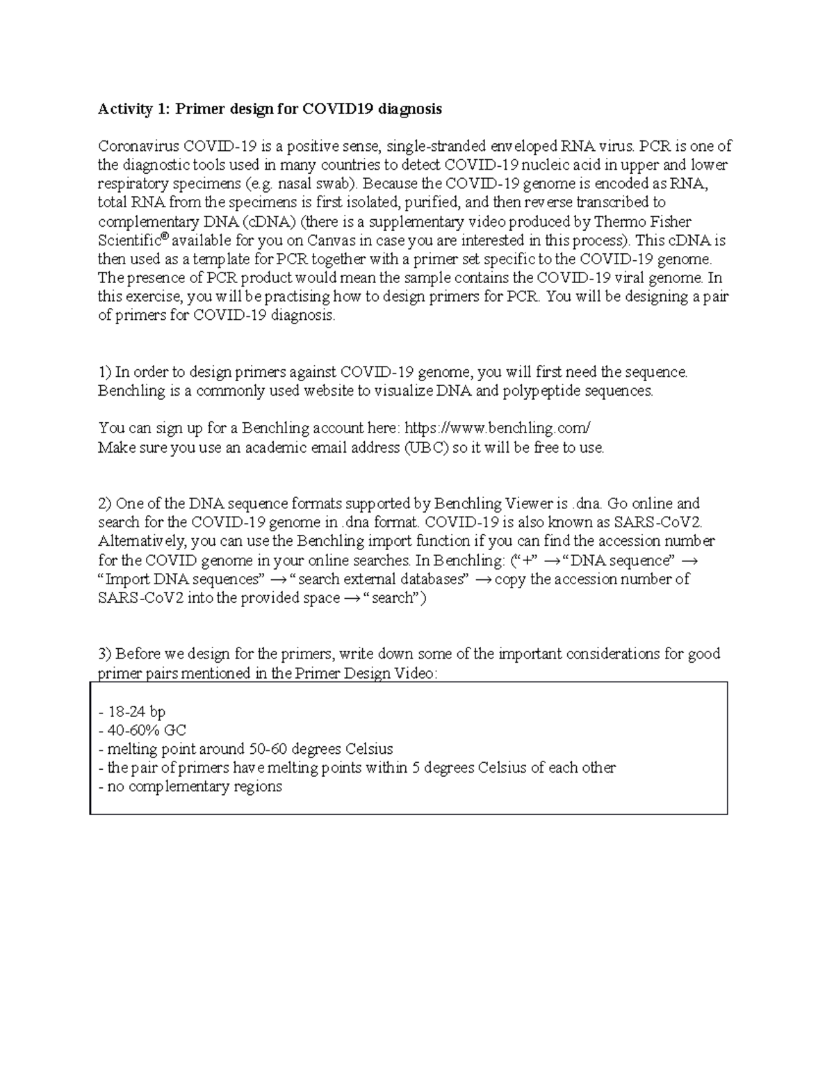 PCR Activity WS1 Benchling 2021 Activity 1 Primer design for