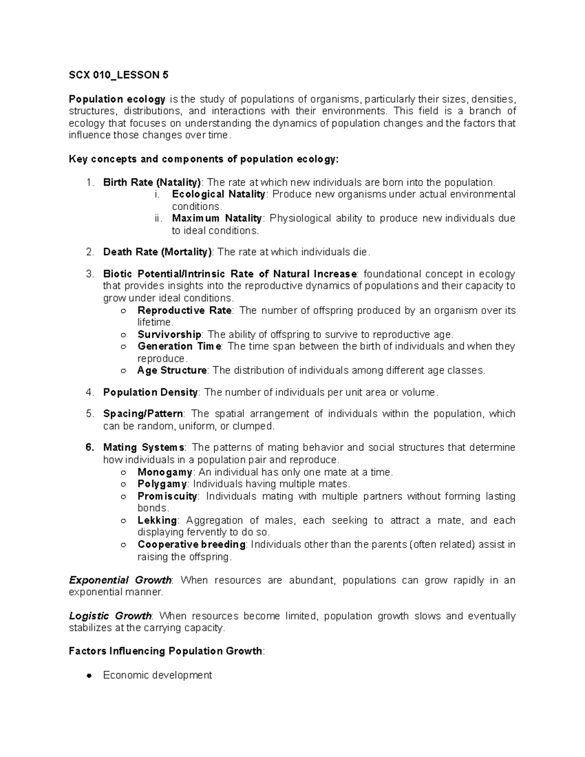 SCX 010 Lesson 5 - Luh - SCX 010_LESSON 5 Population ecology is the ...