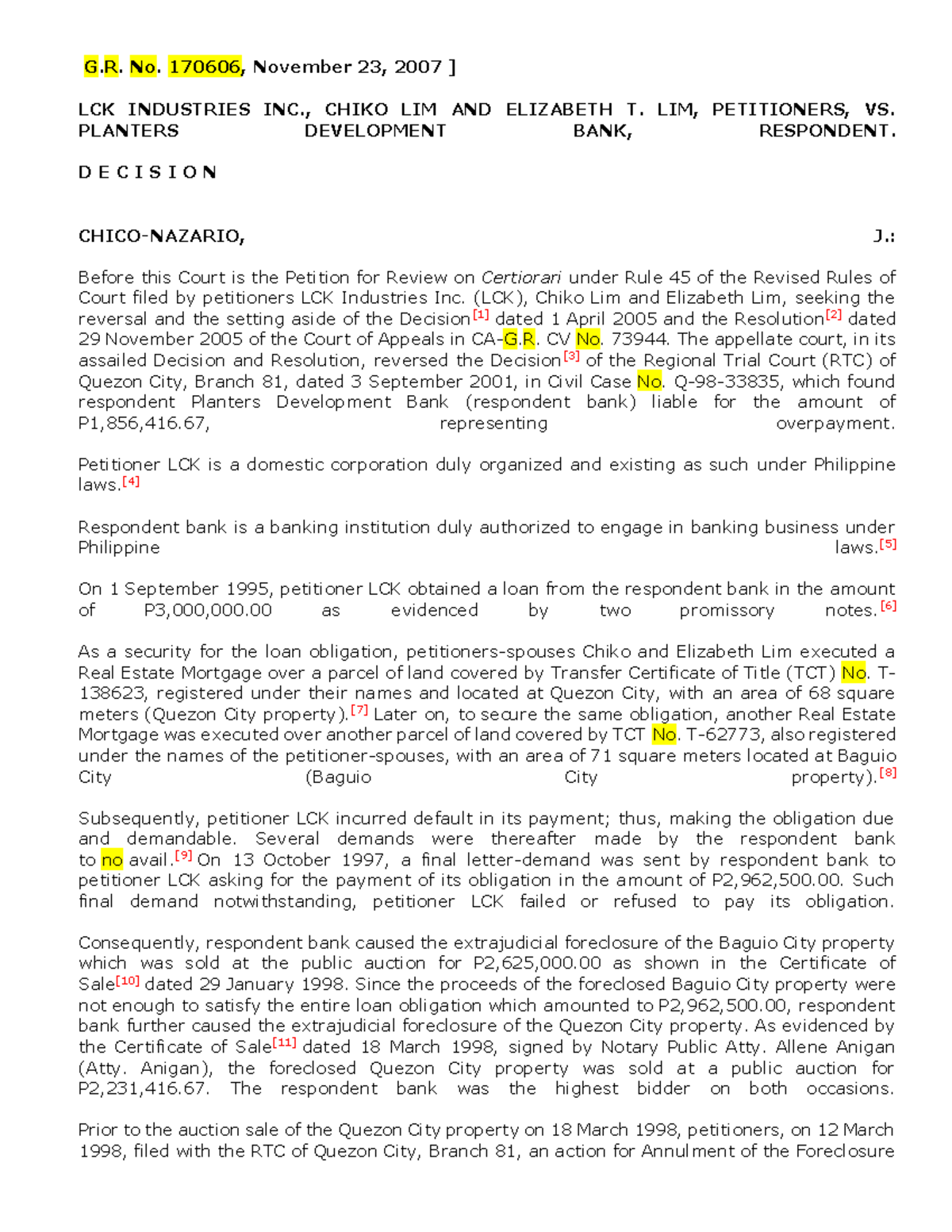 1. LCK Industries Inc. vs. Planters Development Bank G. No. 170606
