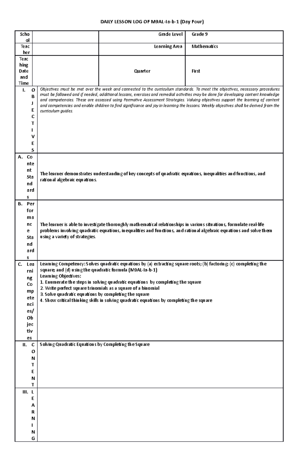 I-Day 4 g9 - Lesson Plan - DAILY LESSON LOG OF M9AL-Ia-b-1 (Day Four ...