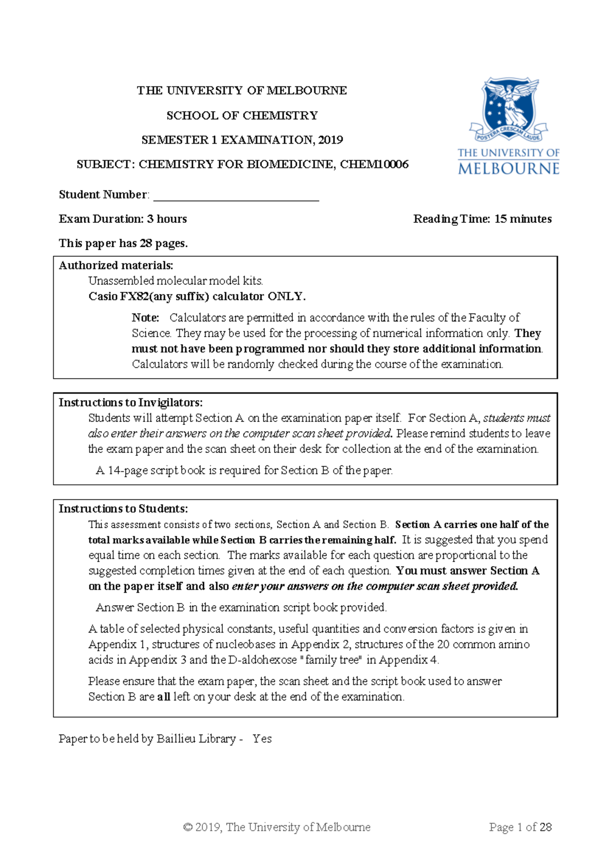 Chemistry for Biomedicine Exam 2019 Studocu