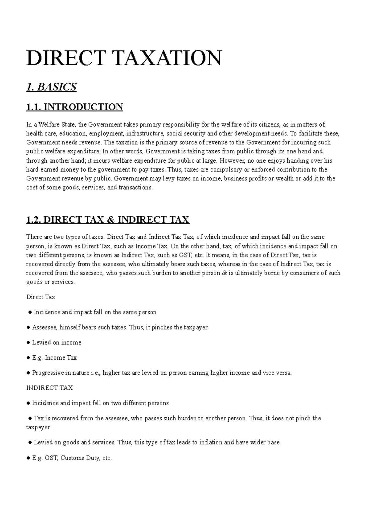 Simple notes on Direct TAX law DIRECT TAXATION 1. BASICS 1